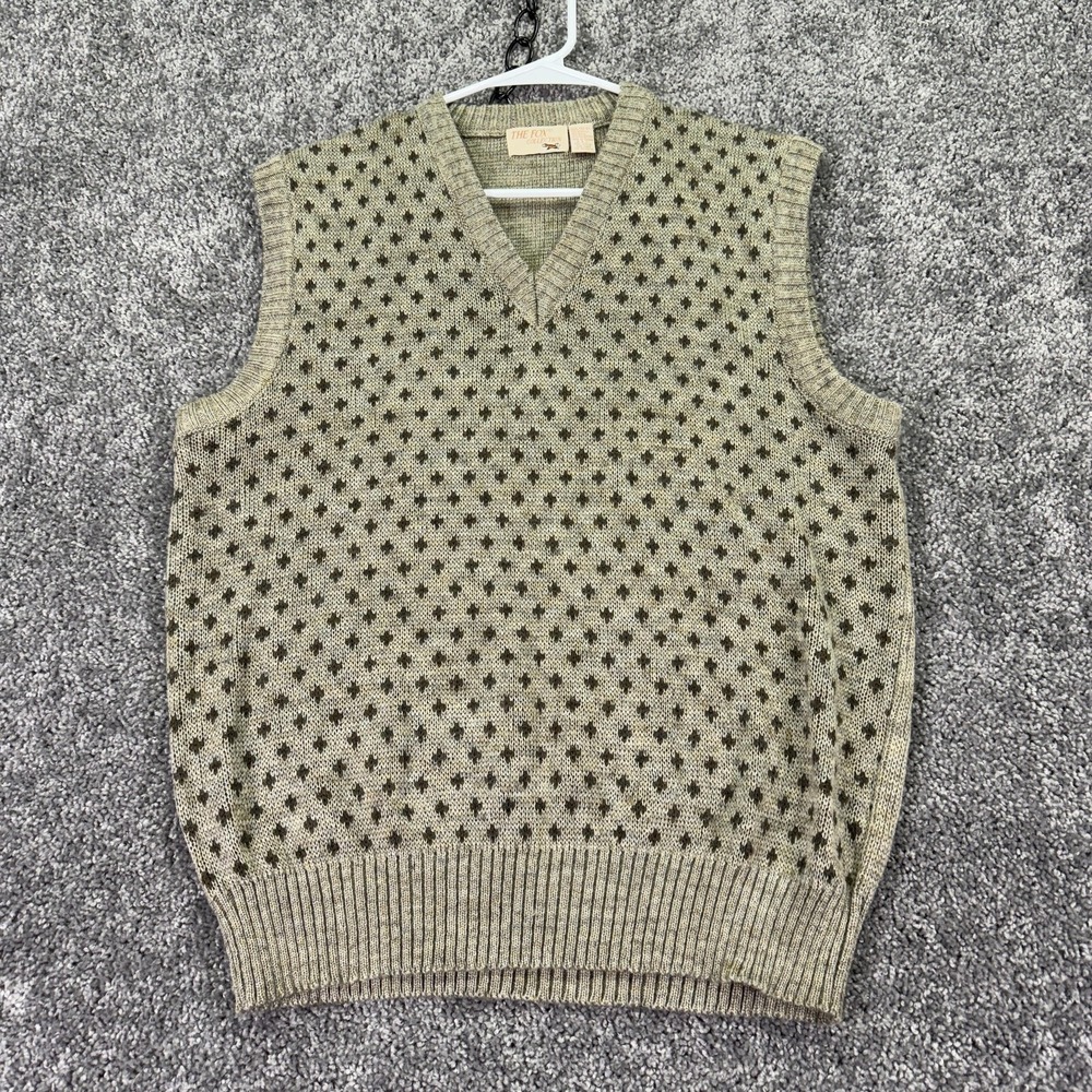 Vtg The Fox Collection Sweater Vest Mens Large Beige V Neck Geometric Knit